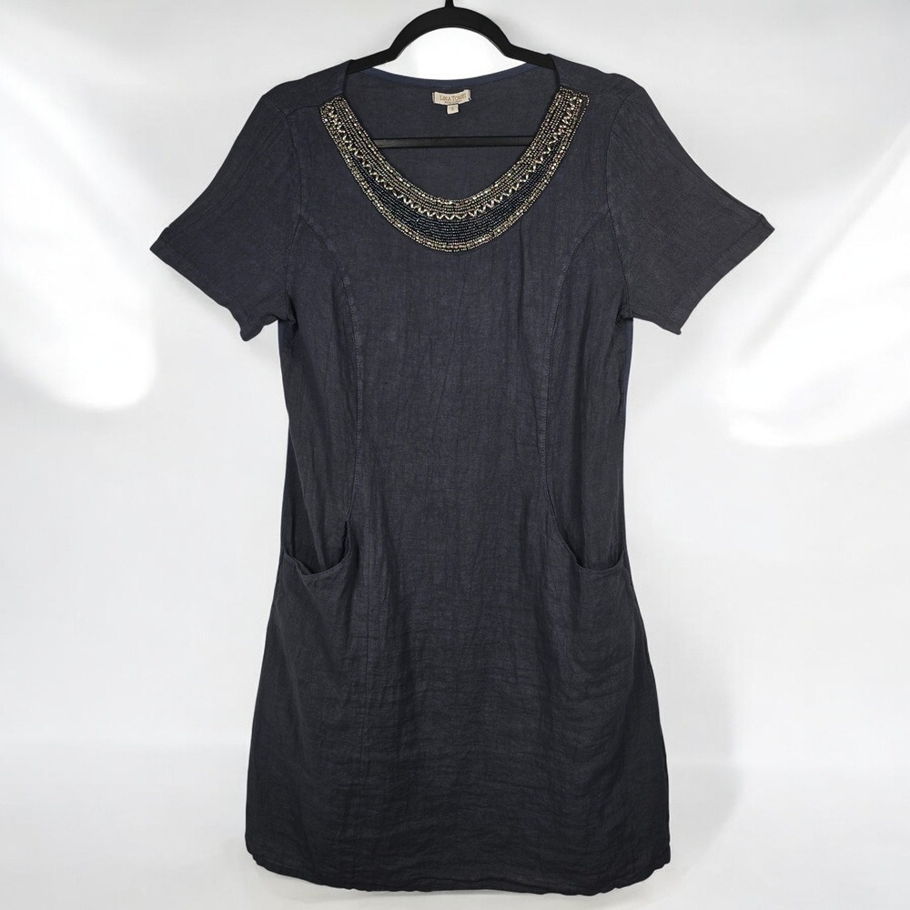 Lina Tomei Dress Beaded Neckline Linen Cotton Panels Made in‎ Italy Woman Small